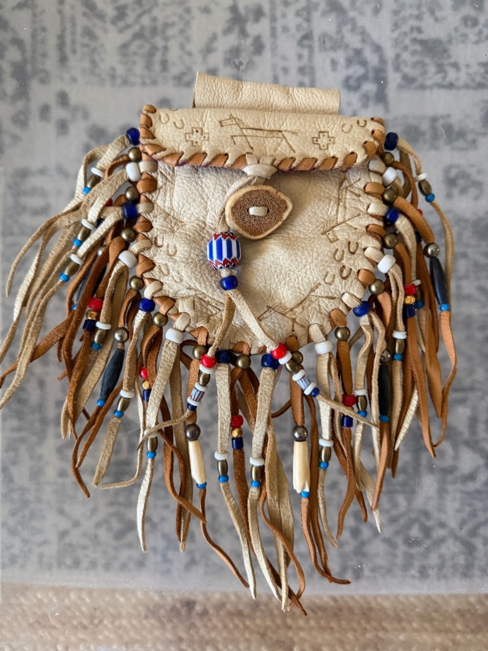 Vintage Deer Skin leather Native American Beaded Bag with Antler Button